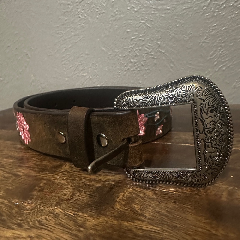Girls Shyanne Brown Leather Belt with Silver Buckle and Pink Floral Design size